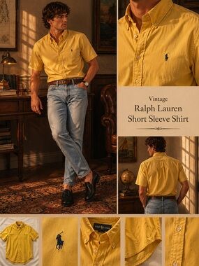 VTG 90s RALPH LAUREN Blake Yellow Blue Logo Short Sleeve Shirt Men’s L